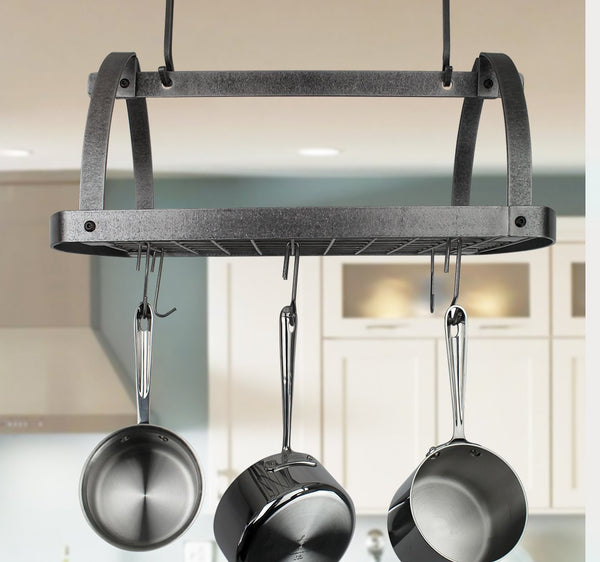 Decor Oval Ceiling Pot Rack w/ 12 Hooks Hammered Steel