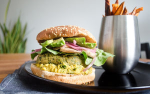 Curry Chickpea Kale Burgers and Baked Sweet Potato Fries [Vegan]