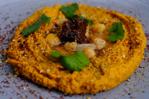 Roast Carrot Hummus with Sun Dried Tomato Harissa