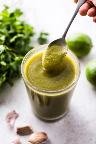 This Green Enchilada Sauce recipe is made from roasted green chiles, onions, garlic, and some classic Mexican herbs and spices all in only 20 minutes! It’s easy to make and great for making enchiladas, chilaquiles and more.