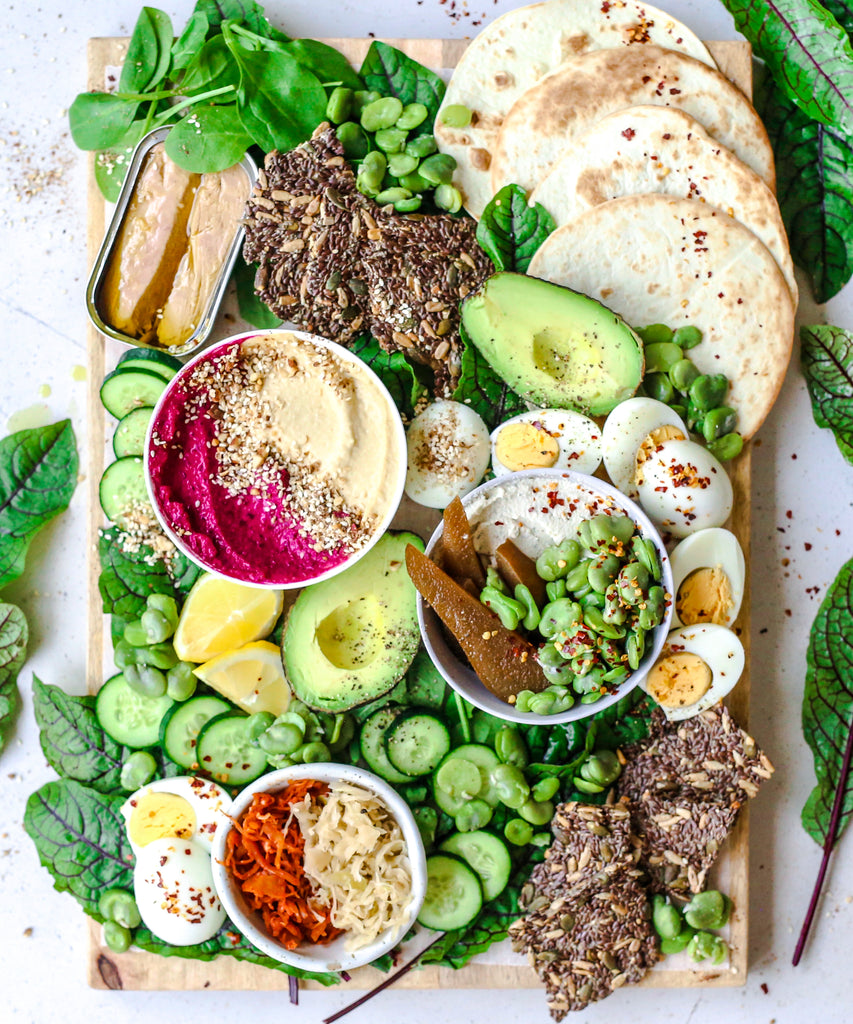 Green grazing board using up leftovers from the fridge, freezer and pantry