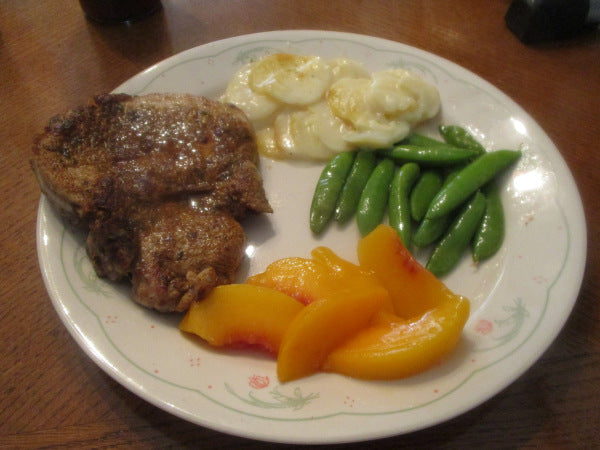 Cumin Spiced Pork Chops w/ Scalloped Potato Casserole, Sugar Snap Peas, and Peaches