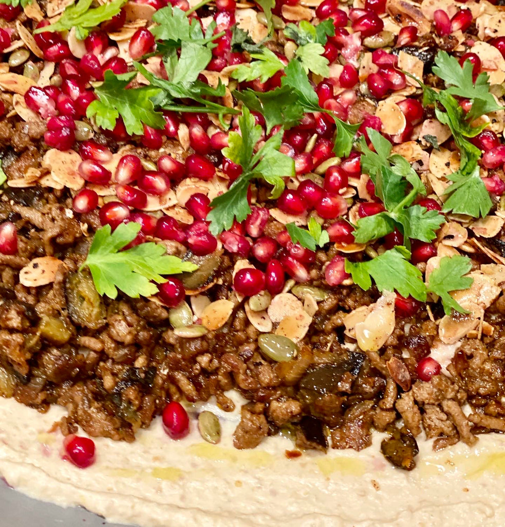 Loaded Hummus with Ground Lamb, Eggplant and Pomegranate