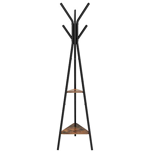 SONGMICS Coat Rack Stand, Coat Tree, Hall Tree Free Standing, Industrial Style, with 2 Shelves, for Clothes, Hat, Bag, Black, Vintage URCR16BX