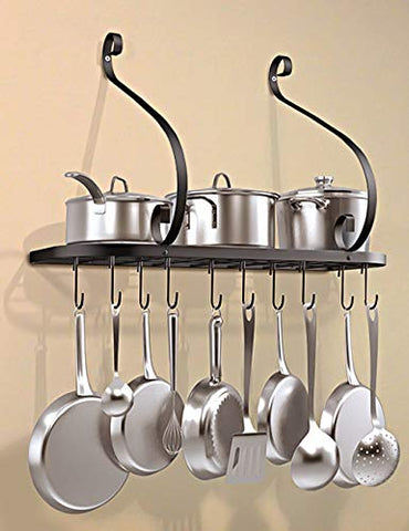 VDOMUS Wall Mount Pot Pan Rack, Kitchen Cookware Storage Organizer, 24 by 10 in with 10 Hooks, Black