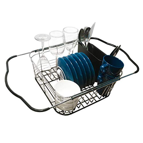 Reliancer Expandable Dish Drying Rack Over the Sink Dish Drainer Stainless Steel Kitchen Counter Top Rustproof 3-in-1 Bowl Plates Storage Holder w/Removable Utensil Holder