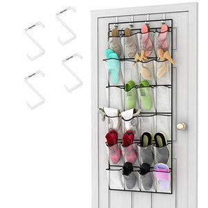 Unjumbly Shoe Organizer Over Door, 24 Pocket Sturdy Over Door Shoe Organizer with Large Clear Mesh Pockets, Complete with 4 Reversible Robust Over The Door Hooks, White