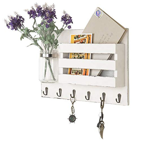 MyGift Wall-Mounted Vintage White Wooden Mail Holder Organizer with 6 Key Hooks & Mason Jar