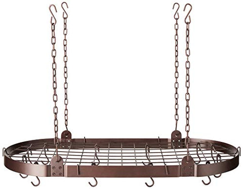 Medium Gauge Oval Hanging Pot Rack with Grid & 12 Hooks