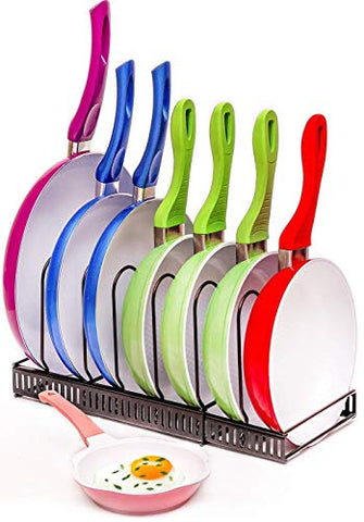 ComfyHouse Expandable Pots and Pans Organizer - Holds 7+ Pans & Lids to Keep Cupboards Tidy - Adjustable Bakeware Rack for Kitchen and Cabinets