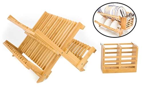 ADORN HOME BAMBOO CUTLERY, PLATE & UTENSIL DRYING DISH RACK, DETACHABLE UTENSIL HOLDER, FOLDABLE DISH RACK DESIGN| 2 ADDITIONAL BOTTOM CUP RACKS | 16 PLATE SLOTS