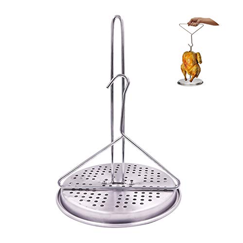 BOHK Perforated Aluminum Turkey Chicken Poultry Deep Frying Rack with Chrome Finish Wire Handle Lifter Hook Vertical Roaster Holder Base for Deep Fry Pot Grill BBQ FDA Approved