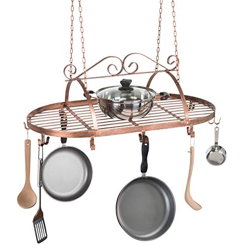 Bronze-Tone Scrollwork Metal Ceiling Mounted Hanging Rack for Kitchen Utensils, Pots, Pans Holder