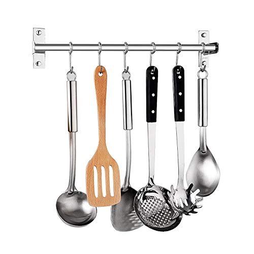Wall Mount Hanging Kitchen Rack, Stainless Steel Pot Storage Holder Hanger, 16 Inch Utensil Shelf Pan Cabinet Rail Organizer with Removable S 6 Hooks, for Coat, Spoon, Towels, Bar, Kitchen Tool