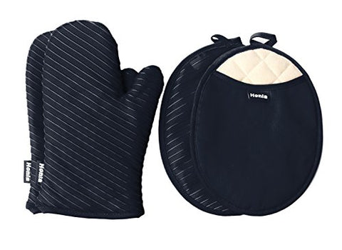 Honla Pot Holders and Oven Mitts Gloves with Silicone Printed,2 Hot Pads and 2 Potholders Set,4 Piece Heat Resistant Kitchen Linens Set for Cooking,Baking,Grilling,Barbecue,Black