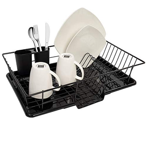 Sweet Home Collection 3 Piece Rack Set Dish Drainer Drain Board and Utensil Holder Simple Easy to Use, 12" x 19" x 5", Black