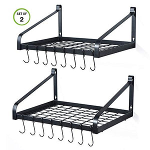 Love-KANKEI Pot Rack Wall Mounted Set of 2 Pan Pot Organizer Wall Shelves with 16 Hooks for Kitchen Cookware Utensils Organization