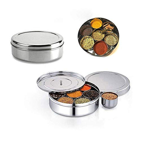 Stainless Steel Masala Canister with Inner Cover Spice Organizer with 7 Container Wati and 1 Spoon,Valentine Day Gifts