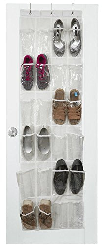 Vinyl Over the Door Shoe Organizer with 24 Reinforced Pockets. Organize your shoes with this shoe rack over the door organizer and save space. Hang on standard doors with 3 steel over the door hooks.