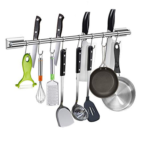 Kitchen Sliding Hooks,Hanging Rack Rail Organizer Wall Mounted Hanger with 8 Utensil Removable for Towel Pot Pan Bathroom Bar Spoon, Coats, Bathrobe,304 Stainless Steel