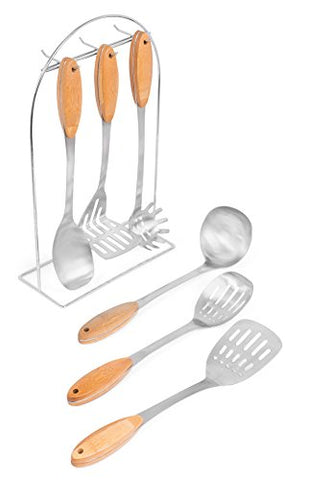 Internet’s Best 6 Piece Cooking Utensil and Rack Set with Bamboo Handles | Spatula, Serving Spoon, Ladle, Pasta Fork, Potato Masher | Kitchen Utensil Hanging Rack Organizer