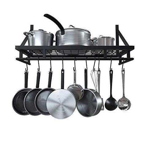 KES 24 Inch Kitchen Wall Mount Pot Pan Rack Wall Shelf With 10 Hooks Matte Black, KUR215S60-BK