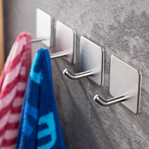 YIGII Towel Hooks/Bathroom Hook - Self Adhesive Hooks Office Hooks Hanging Keys for Kitchen Stick on Wall Stainless Steel 4 Packs
