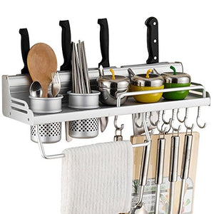 Wall Mounted Pot Pan Rack Multifunctional 6-in-1 Kitchen Bookshelf Storage Rack with Bottle Rack Silverware Caddy Cutlery Blocks Hanger Hooks Pot Organizers Space Aluminum (20inch 2Cups 8Hooks)