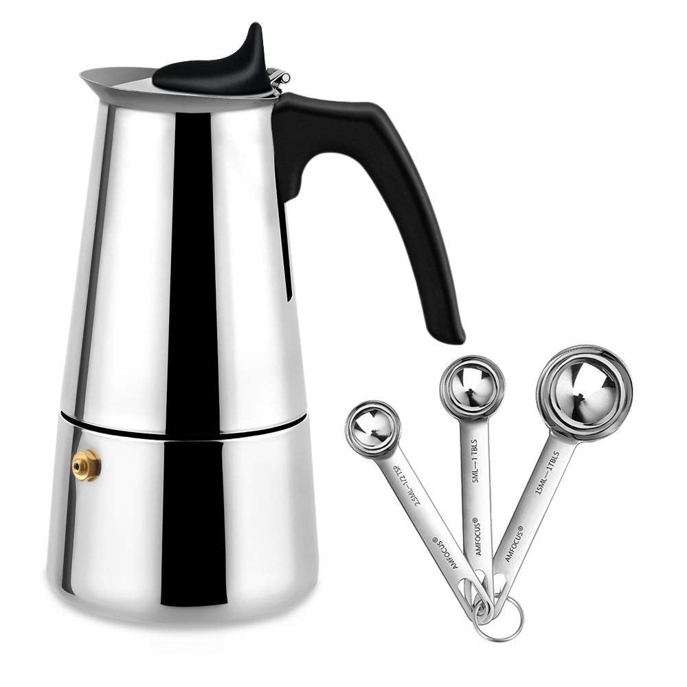 Stovetop Espresso Moka Pot Coffee Maker - 3 Pcs Coffee Scoops - Stainless Steel - 200ml/7oz/4 Cup (1 Cup=50ml)