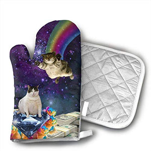 NoveltyGloves Space Cat Oven Mitts,Professional Heat Resistant Microwave BBQ Oven Insulation Thickening Cotton Gloves Baking Pot Mitts Soft Inner Lining Kitchen Cooking