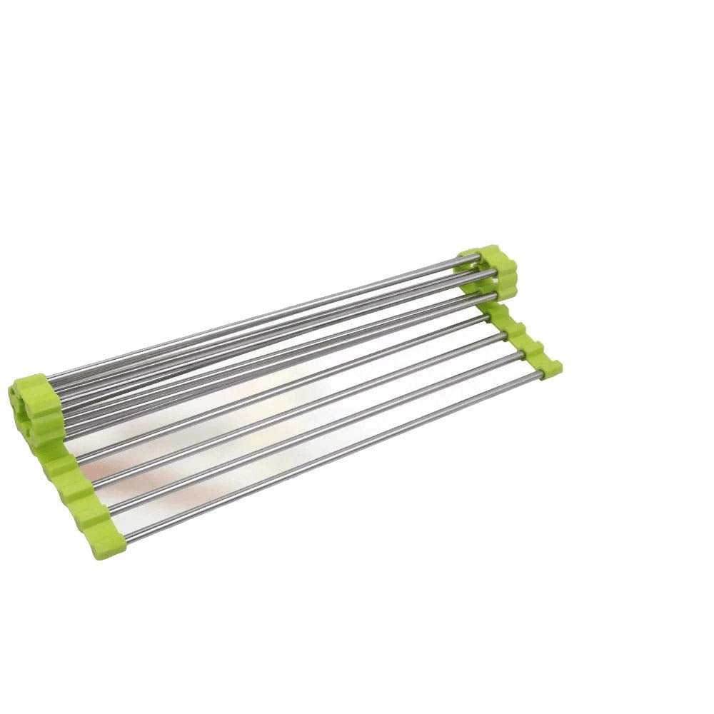 Sweet House for Love Foldable Roll-Up Dish Draining Rack Multi-purpose Heat Resistant Over Sink 304 Stainless Steel Rack (Green)