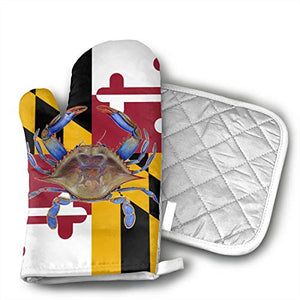 Maryland Blue Crab Oven Mitts and Pot Holders Set with Polyester Cotton Non-Slip Grip, Heat Resistant, Oven Gloves for BBQ Cooking Baking, Grilling