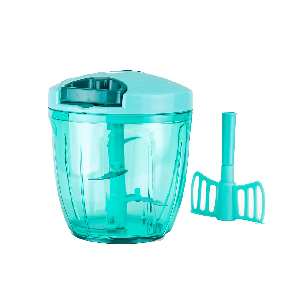 Valuetools Manual Food Processor Vegetable Chopper with 5 Blades, Easy Hand Pull Portable Garlic Crusher, Whisk and Smoothie Blender, 1000ml (Blue)