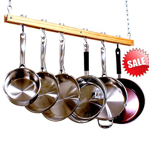 Pot Hanging Rack for Kitchen Utensils Organizer for Pans Kitchenware Wooden Natural Finish Storage Decorative Single Bar Practical Modern with Hanging Hooks & eBook by Easy&FunDeals