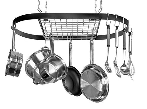 Kinetic Pot and Pan Rack with Ceiling Hooks - Premium Oval Mounted Oragnizer Rack with Multi Purpose Kitchen Organization and Storage for Home, Restaurant, Cookware, Utensils (Hanging Black)