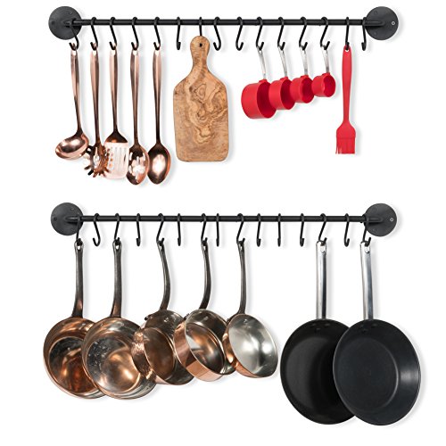 Wallniture Kitchen Pot Racks, Set of 2 Wall Rails with 20 Hooks, Solid Iron, 33 inches by 2 inches by 4 inches, Black