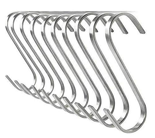 Large Brushed Stainless Flat S Hooks, Kitchen Utility Pot Pan Hanger, Clothes Storage Rack Hangers - 10 Piece Set