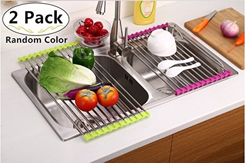 2 Pack 15 x 9 Inches Roll-Up Dish Drying Rack, Magnolora Over-The-Sink Folding Dish Drainer, Kitchen Countertop Sink Stainless Steel Drying Rack with Anti Slip Silicone Cover, No Occupying Space