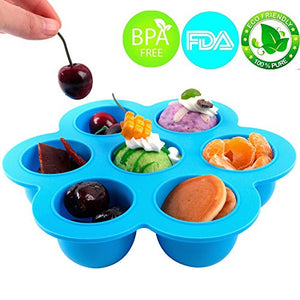 Silicone Egg Bites Molds Baby Food Freezer Tray|Reusable Kids Food Preparation & Storage Container, Muffin Pudding Mould|7 Large Cups (2.5 Oz) | Clip-On Silicone Lid | Oven and Dishwasher Safe (Blue)