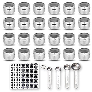 24 Magnetic Spice Tins, 200 Spice Labels, 4 Stainless Steel Measuring Spoons by Hanindy. Magnetic Spice Containers Organizer Storage Condiment Jar Set of 24, Clear Lid, Sift and Pour