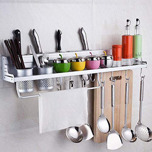 Wall Mounted Pot Pan Rack Multifunctional Kitchen Wall Shelf Storage Rack with Bottle Rack Silverware Caddy Cutlery Blocks Hanger Hooks Pot Organizers Space Aluminum (20inch 2Cups 8 Hooks)