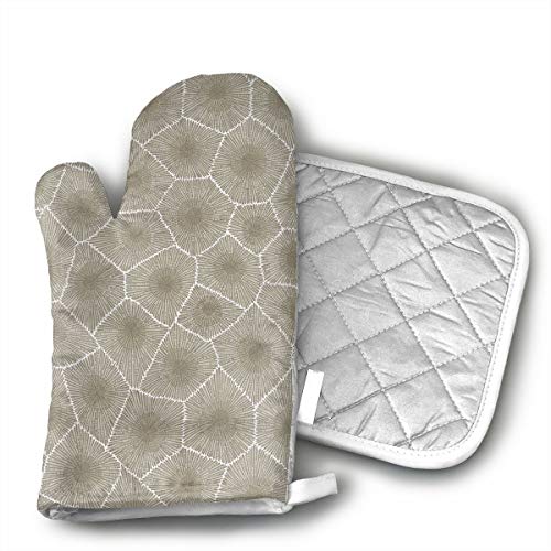 Petoskey Stone Cotton Puppet Oven Mitts and Pot Holder Kitchen Set with Neoprene Non-Slip Grip, Heat Resistant, Oven Gloves and Pot Holders 2pcs Set for BBQ Cooking Baking, Grilling,Machine Washable.