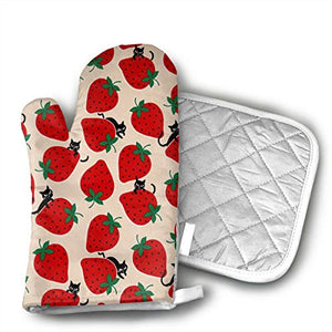 Black Cat On Red Strawberry Set of Oven Mitt and Pot Holder Or Oven Gloves-100% Cotton, High Heat Resistance, Superior Protection & Comfort¨CElegant Design-Machine Washable