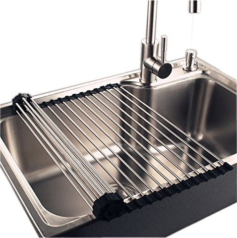 Stainless Steel Roll Up Sink Dish Drainer , 16‘’L x 18.5‘’W Over the Sink Dish Drying Rack for Kitchen Sink or Counter Top (Black)