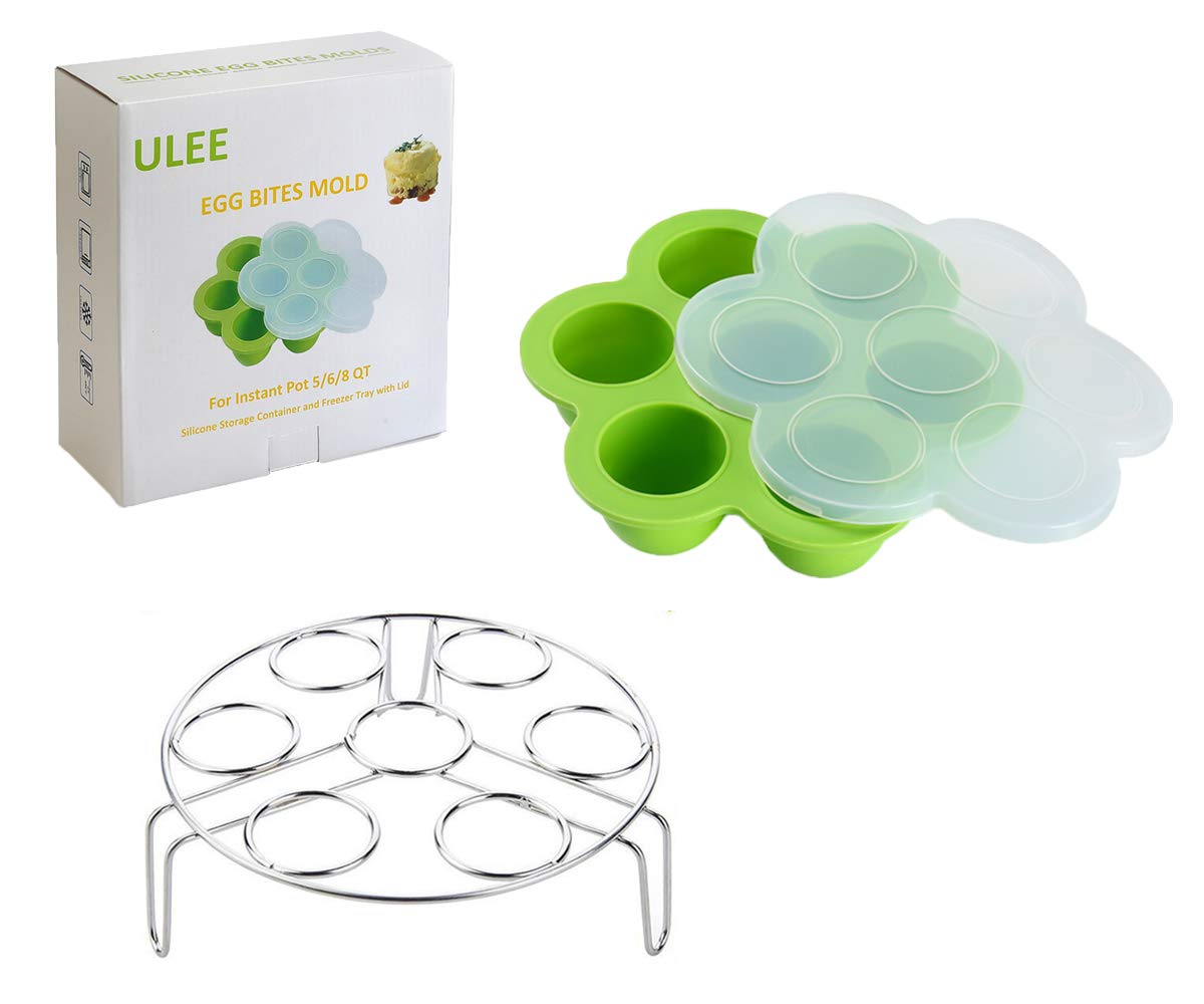 Egg Bites Molds for Instant Pot Accessories by ULEE - Fits Instant Pot 5/6/8 qt Pressure Cooker, Both the Tray and Lid Made of Silicone, Stainless Steel Egg Steam Rack Included (Green)