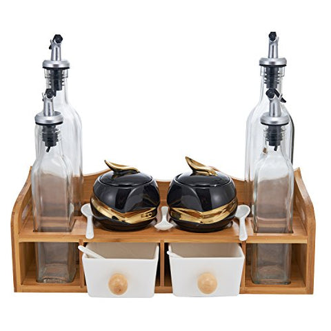 Condiment Jars and Oil Bottles Set - 2 Spices Seasoning Pots, 4 Glass Vinegar Cruets, 5 Spoons, 2 Drawer Salt Boxes on Wood Display Rack - Porcelain Multifunctional Kitchen Tool Organizer