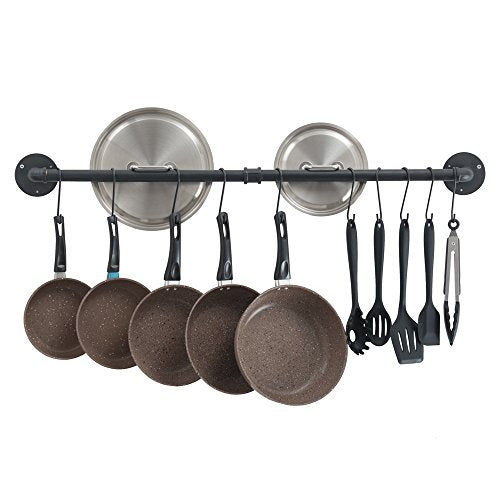 Oropy 39 inch Industrial Pot Bar Rack Wall Mounted Lid Holder Detachable Hanging Rail Kitchen Utensils Hanger with 14 S Hooks Black