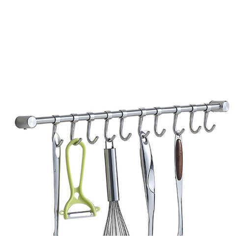 Kitchen Wall Hanging Cookware Rack with 10 Adjusted Hooks, Wall Mount Rail, Utensil Storage Organizer Rcks, Neatly Organizes, Stainless Steel, Brushed Nickel, Lenght 19-5/8 inch