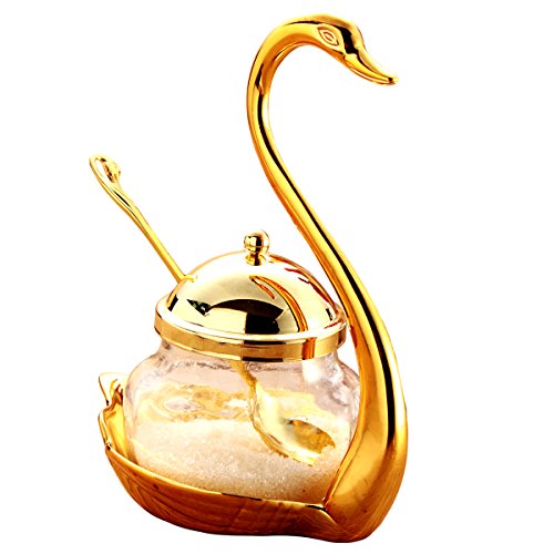 Tea Talent Condiment Pot Seasoning Container Spice Glass Jar Salt Sugar Bowl Pepper Coffee Storage Organizer Swan Rack with Serving Spoon,Golden