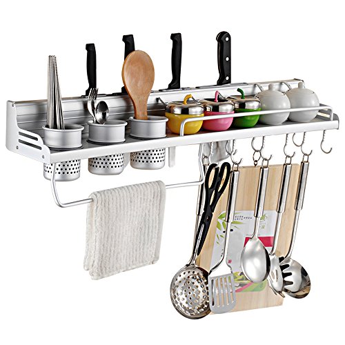 Wall Mounted Pot Pan Rack Multifunctional 6-in-1 Kitchen Bookshelf Storage Rack with Bottle Rack Silverware Caddy Cutlery Blocks Hanger Hooks Pot Organizers Space Aluminum (28inch 3Cups 10Hooks)